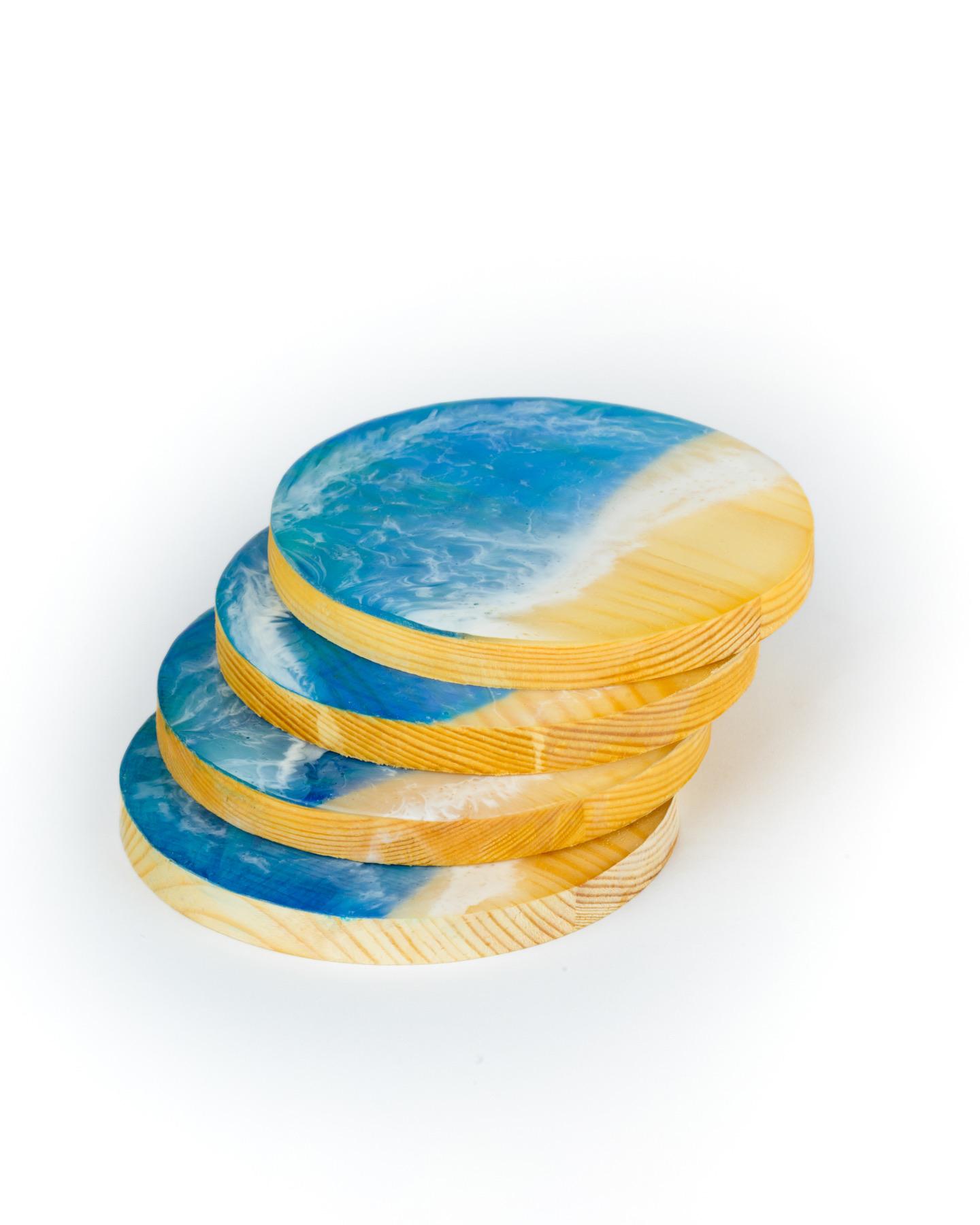 Lot de 4 dessous de verre en bois et résine époxy effet plage