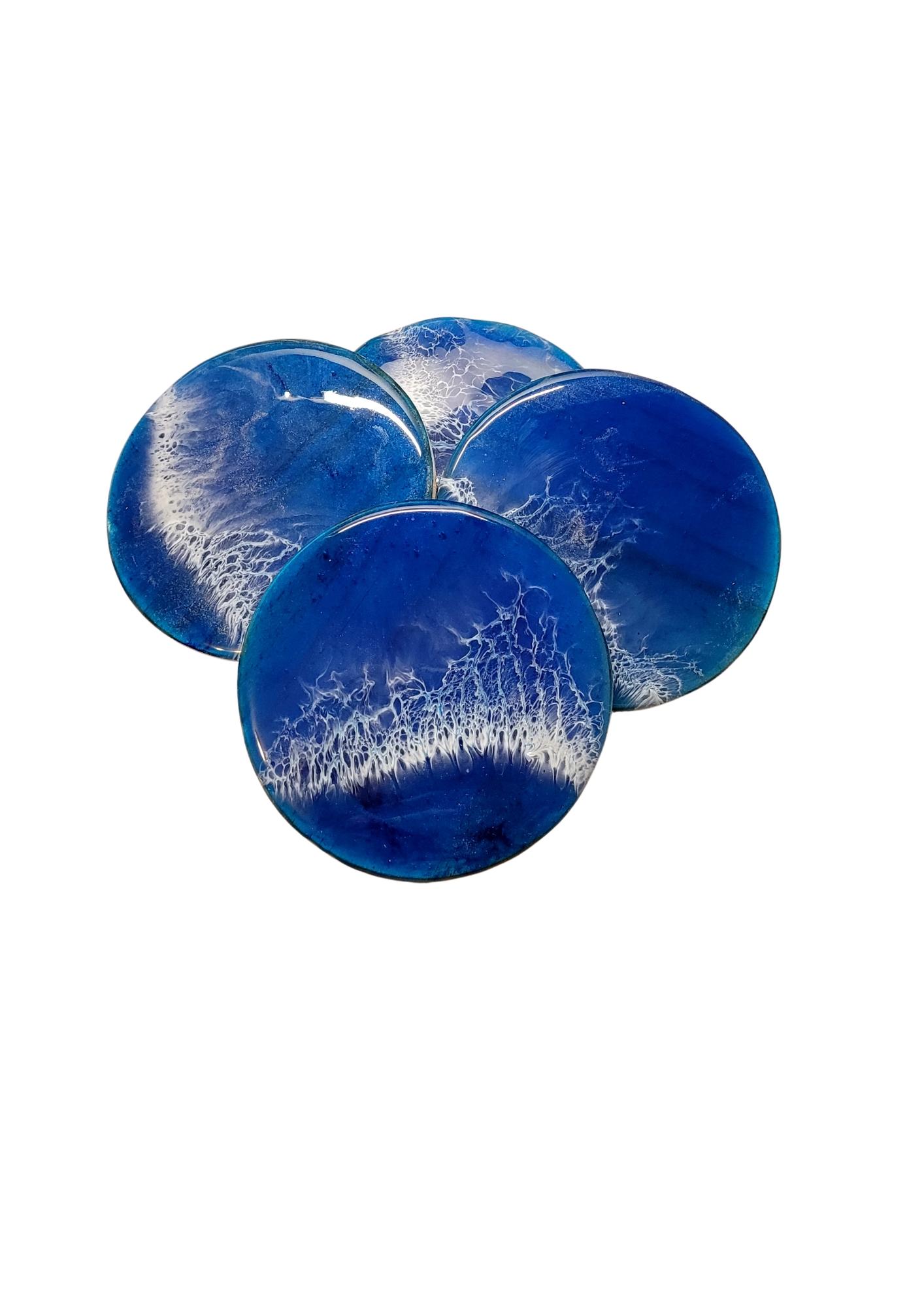 Lot de 4 dessous de verre en bois et résine époxy bleu océan