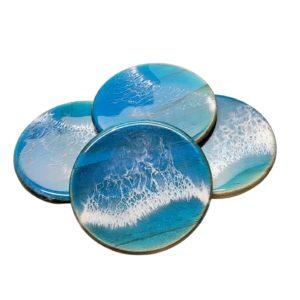 Lot de 4 dessous de verre en bois et résine époxy bleu turquoise