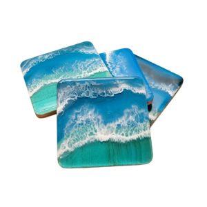 Lot de 4 dessous de verre en bois et résine époxy bleu turquoise carré
