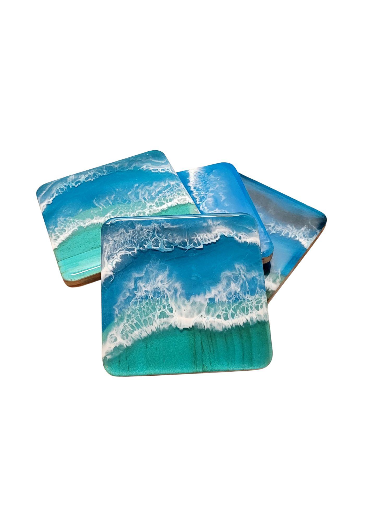 Lot de 4 dessous de verre en bois et résine époxy bleu turquoise carré