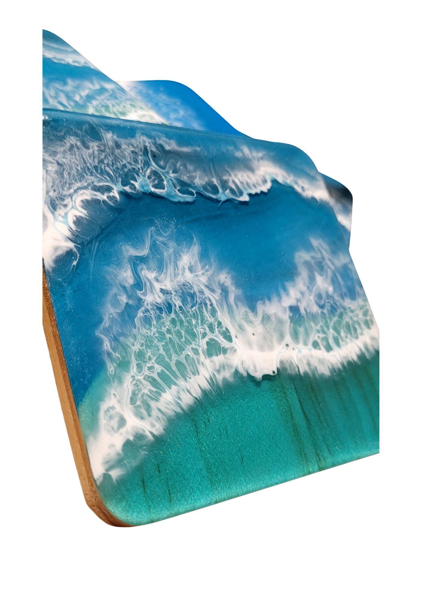 Lot de 4 dessous de verre en bois et résine époxy bleu turquoise carré – Image 2