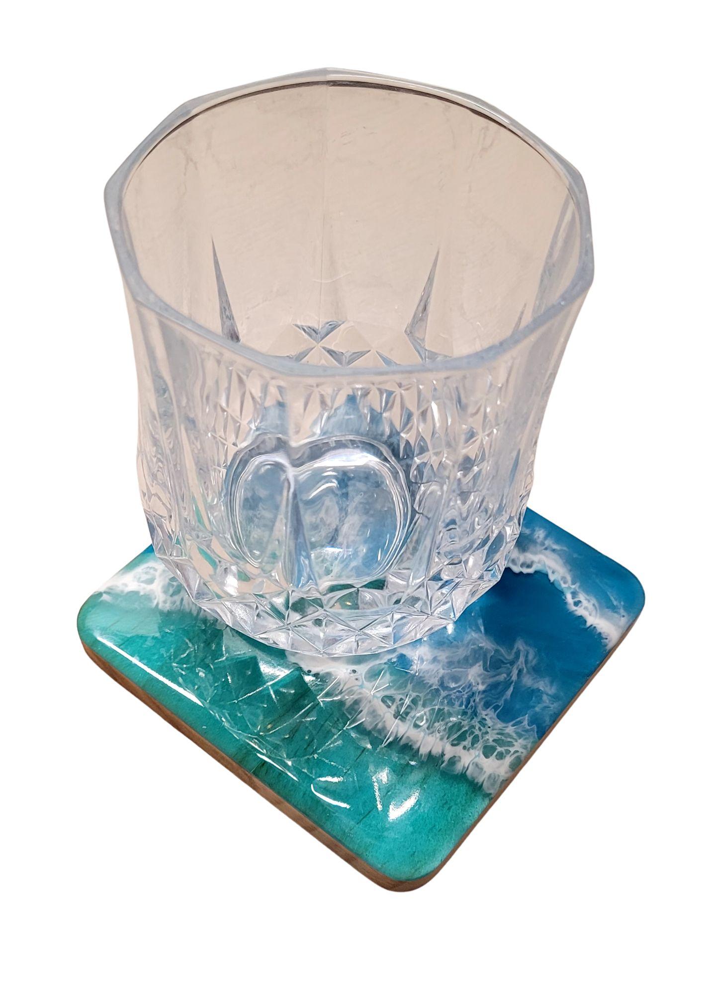 Lot de 4 dessous de verre en bois et résine époxy bleu turquoise carré – Image 3